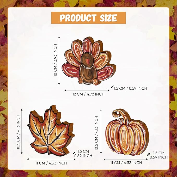 Smile 3 Pcs Wooden Blocks Pumpkin Turkey Maple Signs, Thanksgiving Tiered Tray Decorations, for Home Table Shelf.