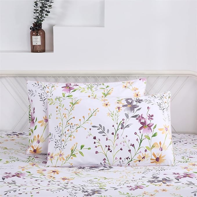 RYNGHIPY Cotton Floral Bed Sheet Set King Size Botanical Flowers Print Bedding Shabby Garden Floral Bed Sheets