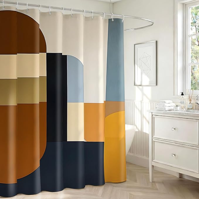 Brown Mid Century Shower Curtain, Abstract Geometric Modern Pattern, Navy Blue and Yellow Boho Bathroom Decor, Retro Art Waterproof Fabric Bath with Hooks, 70x84 Inch