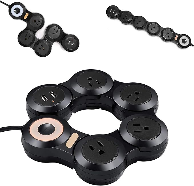 Deformation Power Cord for Large Plug Charger Socket -Flat Plug Power Strip with 2 USB Ports and 4 Multi Outlets, with 6.5FT Extension Cord