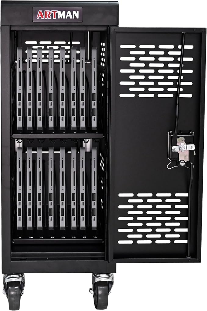 TOUPUWAN Laptop and Tablet Storage Cart, Mobile Charging Cart and Cabinet for Up to 16 Units, with Charging Port Screen Size Up to 14", Fits Chromebook, Tablet, Laptop, Suitable for School, Business