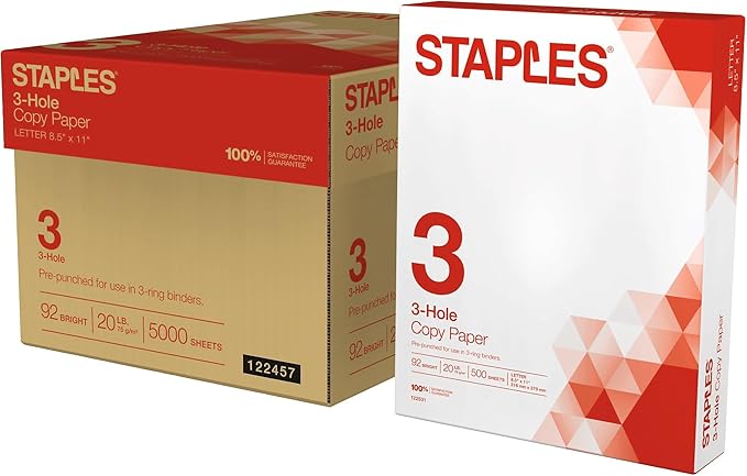 Staples Copy Paper, 8 1/2" x 11", 3 Hole Punched, Case