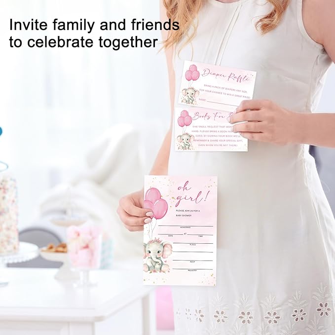 Pink Elephant Baby Shower Invitations for Girl, Girl Baby Shower Invites with Envelopes, Set of 25 Gender Reveal Invites Cards with Envelopes & Book Request Cards & Diaper Raffle Tickets -09