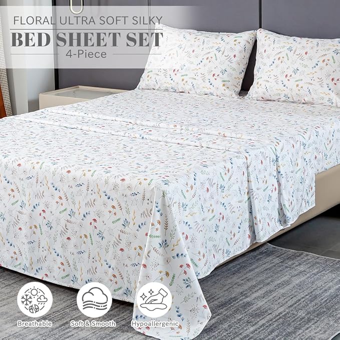 Bedlifes Twin Sheet Set Ultra Soft, Breathable, Silky Flower Deep Pocket 100% Microfiber Bedding, 3 Piece Twin Size White Floral