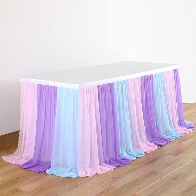 Mermaid Tulle Table Skirt Blue Pink Purple Striped Table Skirts for Rectangle Tables Frozen Baby Shower Mermaid Birthday Parties Decoration 9ft