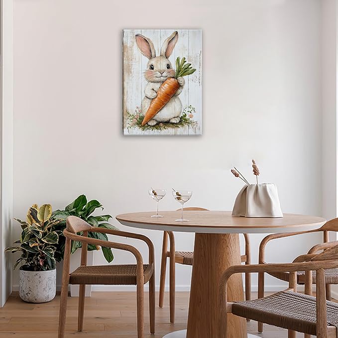 Rabbit Wall Art, Easter Bunny Pictures Wall Decor, Farmhouse Rabbit Carrot Canvas Prints, Rustic Cute Animal Painting Framed Artwork for Bathroom Living Room Bedroom Office Dining Room 16"X12"