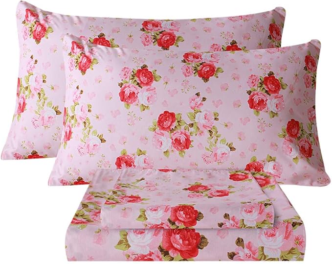 Bedlifes King Size Extra Deep Pocket Sheet Sets - Fits Mattresses Up to 18-24" Thick, 4-Piece Microfiber Set with 1800 Thread Count, Soft, Smooth, Breathable, Featuring Pink Floral Red Rose