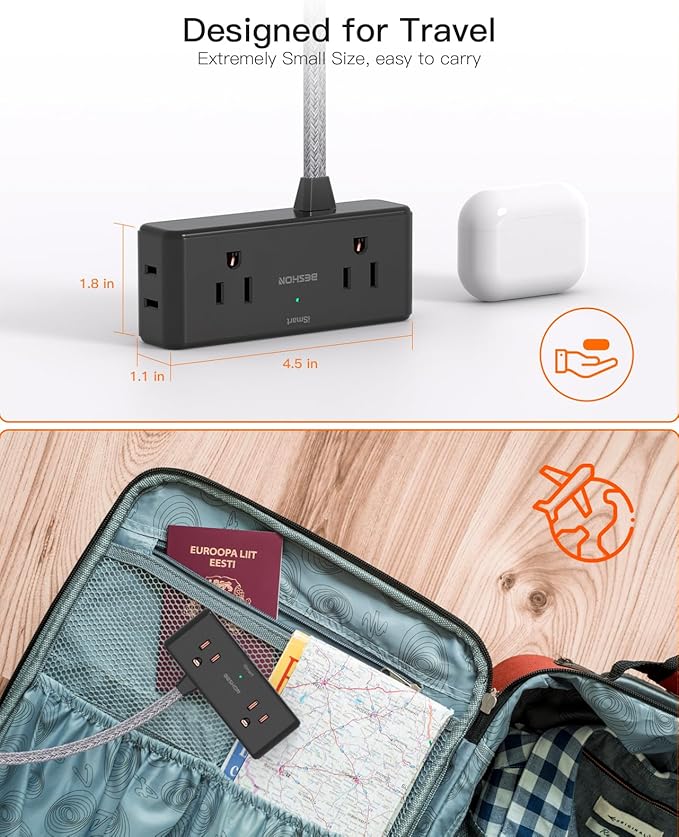 Black Flat Extension Cord 3 feet, Flat Plug Power Strip, 4 Widely Outlets with 3 USB Ports (2 USB C), 3 Side Outlet Extender with Extension Cord with Multiple Outlets for Home, Dorm Room Essentials