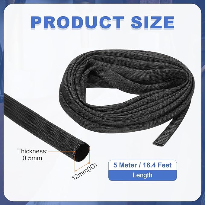 uxcell Insulation Cable Protector,12mm/0.5 Inch-5m/16 Feet High Temp Fiberglass Sleeve Black