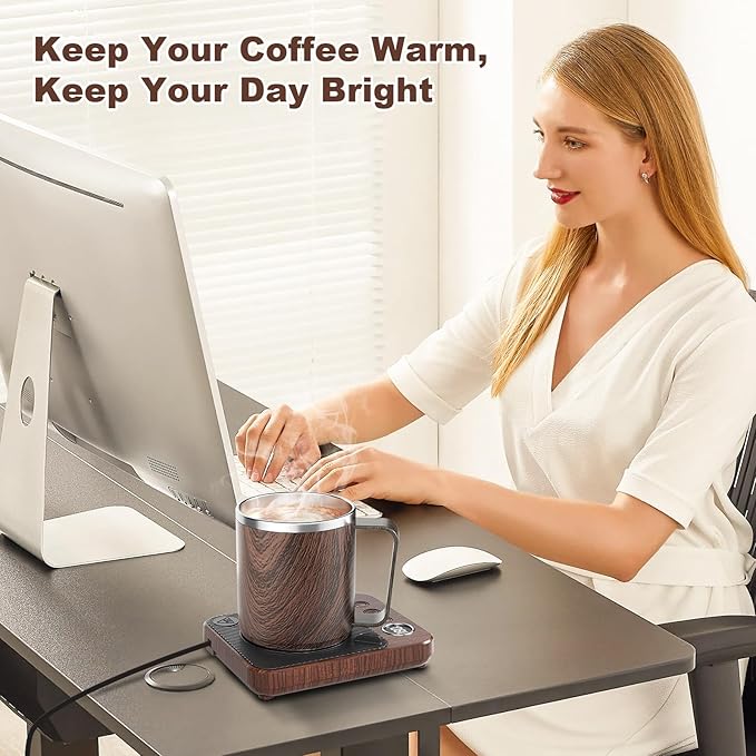 Felibeaco 16oz Heated Coffee Mug With Flat Bottom for Rapid Heating, Stainless Steel Cup for Different Warmer/Heaters, Suitable for Home and Office Desk, Wood, No Warmer