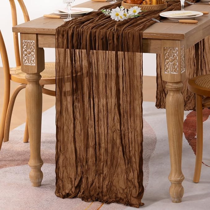 MLMC 3 Pack Brown Table Runner 10ft Boho Rustic Gauze Coffee Cheesecloth Table Runner Neutral Winter Decor 35x120 Inches for Wedding Bridal Shower Reception Party Decor