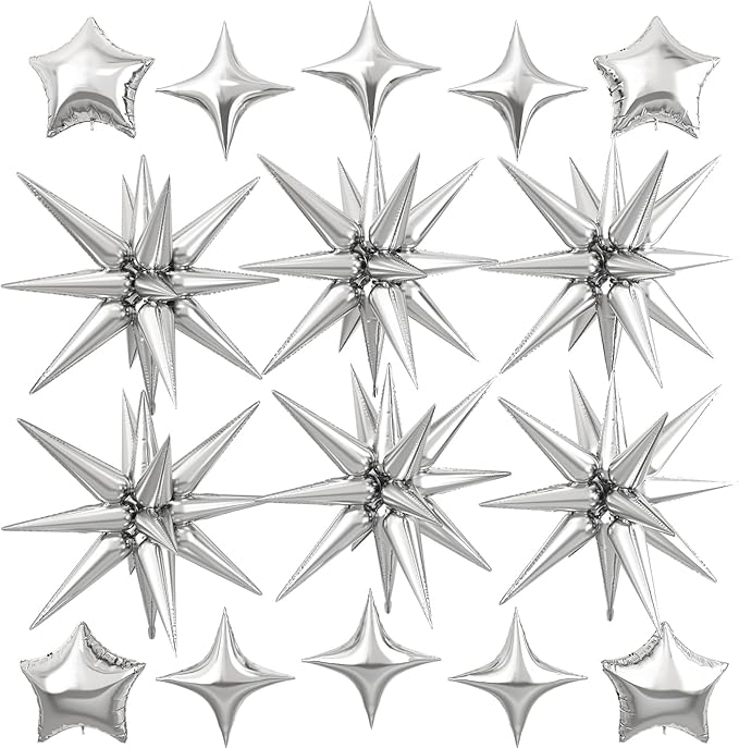 Silver Star Balloon,16Pcs Star Foil Balloons Set with 22Inch Explosion Spike Cone Balloons and 10Inch Quadrangle Helium Balloon for Birthday Wedding Baby Shower Party Decorations