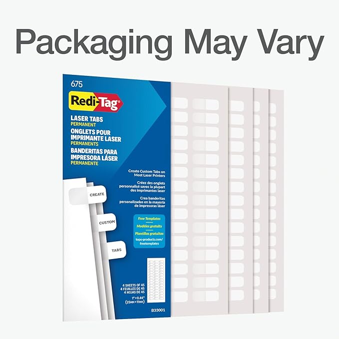 Redi-Tag Laser Index Tabs, Divider Tabs, Permanent Adhesive Index Labels Customizable Divider Labels, 7/16" x 1", White, 675 Tabs (B39000)