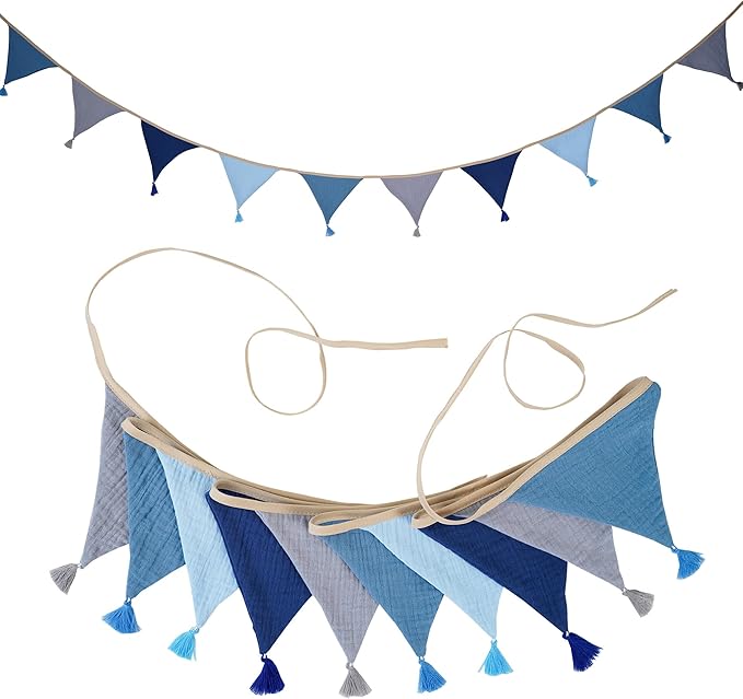 Fabric Bunting Banner, 2 Pack Handmade Neutral String Banner with Tassel Each 8.5 ft 10 Flags Nursery Wall Hanging Wedding Birthday Home Baby Shower Party Decoration Bunting (Blue 2 Packs)