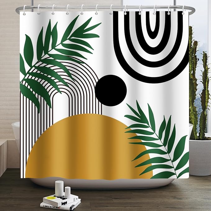 Boho Mid Century Shower Curtain Bohemian Abstract Modern Sun Bathroom Curtain Geometric Arch Curve Leaves Polyester Shower Curtain Sets for Bathroom Extra Long 72x78 in with 12 Hooks