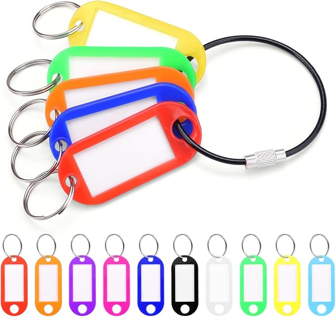 10 Pack Plastic Key Tags with Labels and Split Ring, Black Keychain Cable and Key Labels for Keys, USB Drive and Luggage Organization - Multicolored