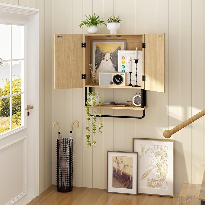 RUSTOWN Fluted Bathroom Wall Cabinet with 2 Doors, 3-Tier Modern Farmhouse Medicine Cabinet, Over The Toilet Storage Cabinet with Adjustable Shelf and Towel Bar (Natural, Medium)