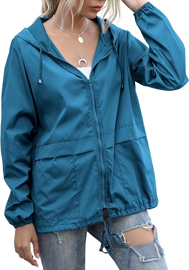 Women's Raincoats Lightweight Waterproof Windproof Adjustable Windbreaker Rain Jackets Hooded with Pockets S-XXL