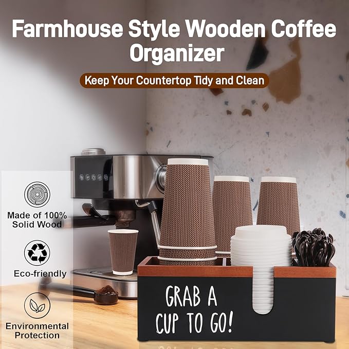 Intarsio 100% Wooden Coffee Cups Holder with U-Shape Cutout Design for Countertop-Coffee Bar Organizer for Cups, Lids, Pods, Stirrers, and Accessories, Great Gift for Home or Office