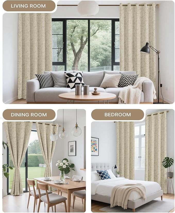 Chenille Floral Blackout Curtains 108 Inch Length 2 Panels Set - Bedroom Living Room Darkening Thermal Insulated Black Out Window Treatments Grommet Jacquard Drapes 52 Inch Wide Beige