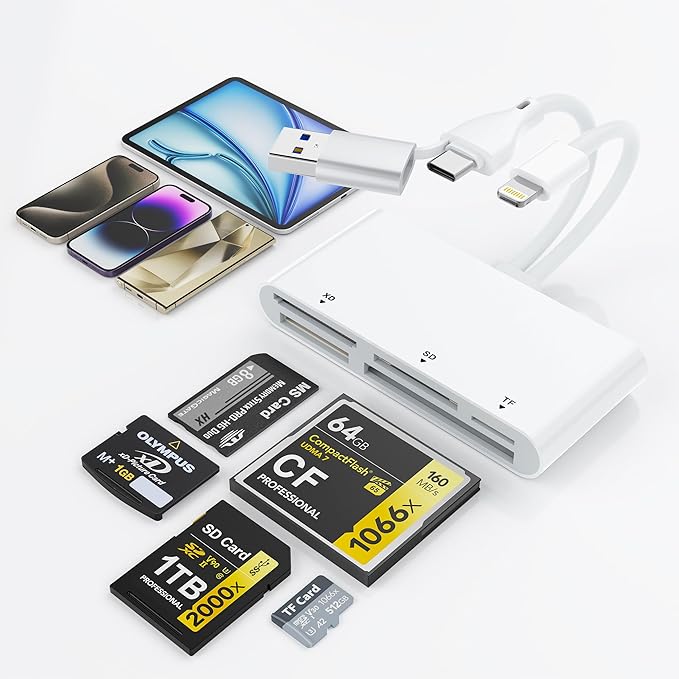 5-in-3 Multi Card Reader - USB 3.0 Memory Card Reader OTG Adapter with Multi Card Slots for USB C/Lightning/USB A Devices, Supports SD/Micro SD(TF)/CF/XD/MS Reading & Writing, Plug and Play