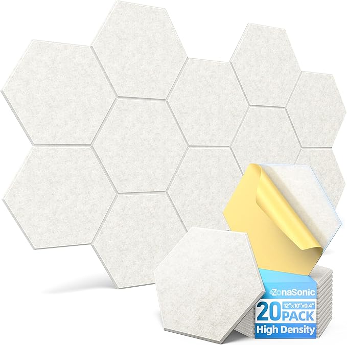20 Pack Hexagon Acoustic Panels with Self-Adhesive, 12" X 10" X 0.4" Sound Proof Foam Panels for Walls, High Density Soundproof Wall Panels, Sound Dampening Panels for Home Studio Decor Office - Ivory