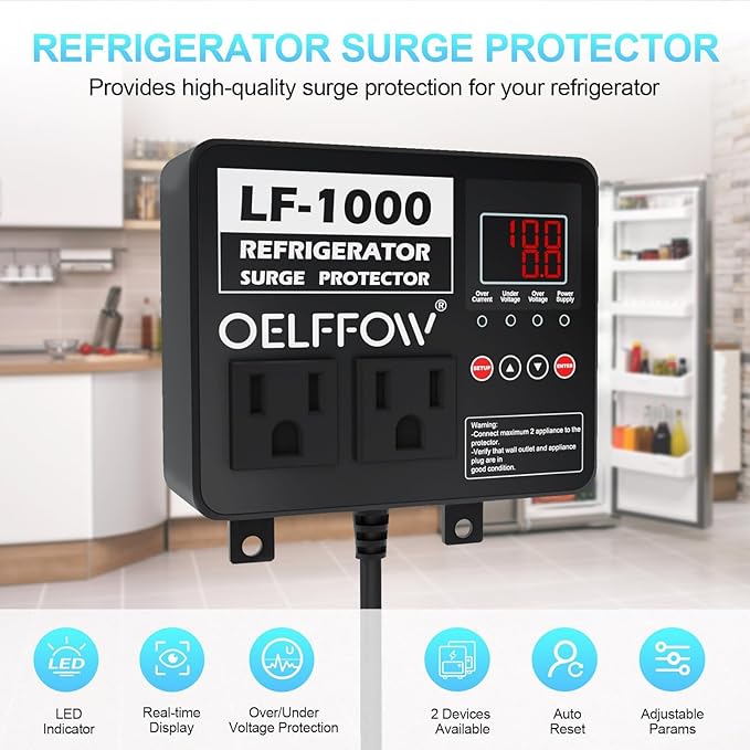 Refrigerator Surge Protector, Time Delay and Real-time Display, Voltage Protector, 2 Outlet Surge Protector for Home Appliances, with Mounting Screws, Black