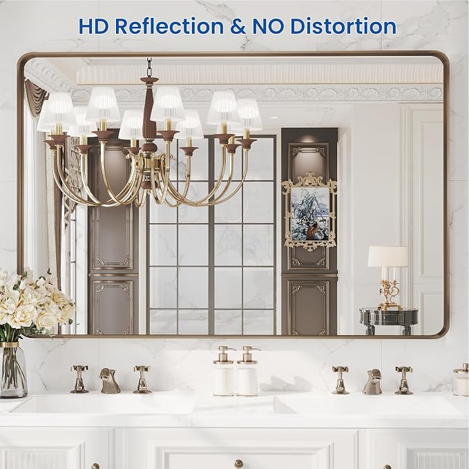 WEER Bronze Framed Modern Wall-Mounted Bathroom Mirror, 55"L x 36"W, Brushed Bronze Aluminum Frame, Shatterproof Tempered Glass, Rounded Rectangle, Horizontal/Vertical Mounting