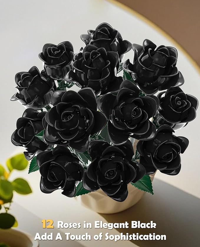 Black Roses Flower Bouquet Building Blocks Set, Botanical Collection Artificial Flowers Compatible with Lego Flowers, Christmas Decorations Gift for Adults Teens