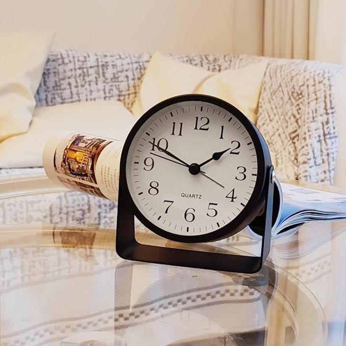 SCOAGE Small Luminous Desk Analog Alarm Clock Metal Bracket 360° Rotating Shelf Clock with Light Battery Powered Bedside Silent Cute Alarm Clock for Heavy Sleepers Elderly and Children Office Bathroom