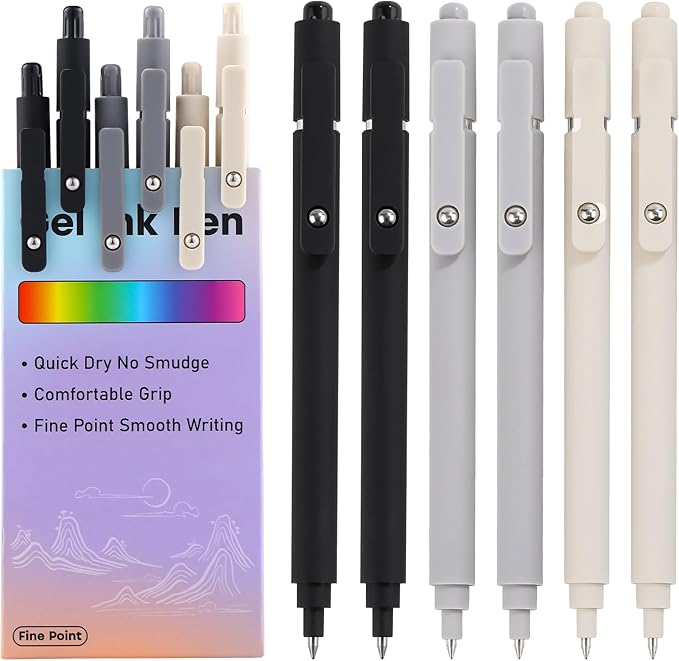 RIANCY Gel Pens 0.5mm Black Ink Ballpoint Aesthetic Beige Black Gray White Fine Point Smooth Writing Pretty Cute Fancy Desk Accessories Gifts for Women Men Nurse Journaling Office School Supplies 6Pcs