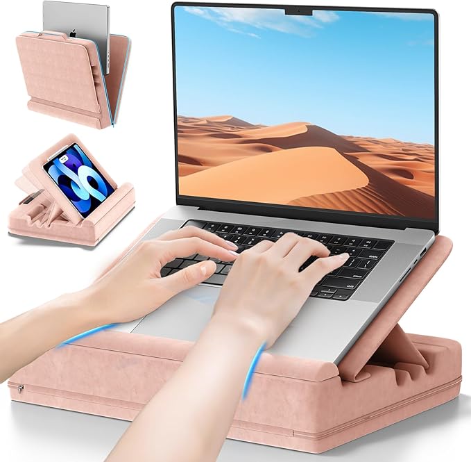Laptop & Tablet Desk for Lap with Cushion, Computer Lap Desk Laptop Pillow for Couch, Bed, Car, Adjustable Computer Pillow Stand As Carrying Case for up to 15'' PC/Mac, Tablet, iPad, Kindle, Pink