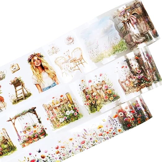 AuriicLeaf Spring Garden PET Tape Set, 3 Rolls Pre-Cut Wildflower Stickers for Scrapbooking, Journaling, DIY Crafts, and Collage Art (30 mm/50 mm/55 mm)