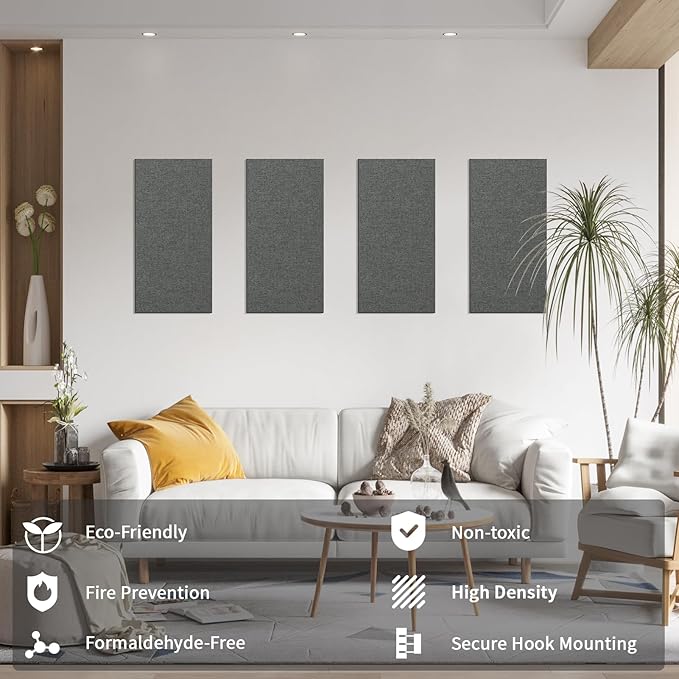 Art3dwallpanels 8 PCS Acoustic Panels, 24''x12'' Fabric Soundproof Wall Panels, Easy-Hook Mounting Sound Absorbing Panels for Studios, Office, Home Theater,Dark Grey