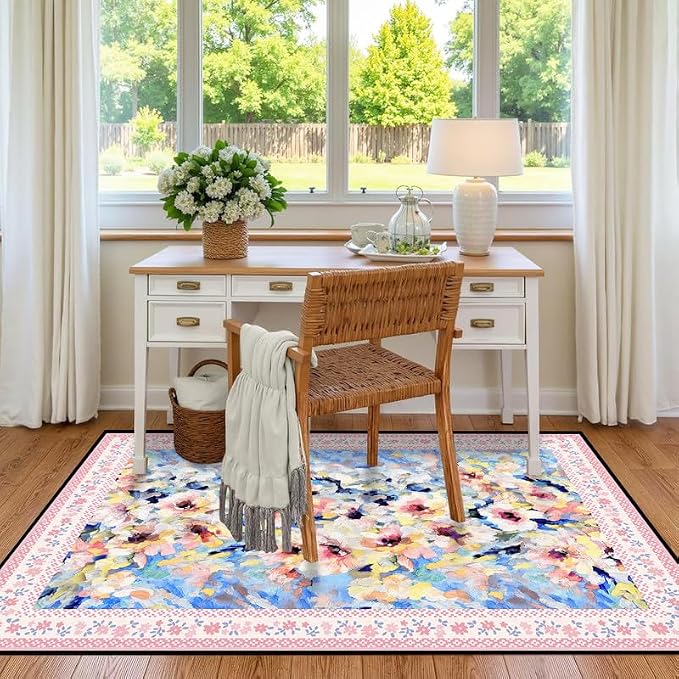 Floral Oil Painting Area Rug Watercolor Flower Print Rugs for Entryway Bedroom Living Room Nursery Kitchen Playroom Home Decor Washable Low Pile Floor Mat Carpet,2'x3'
