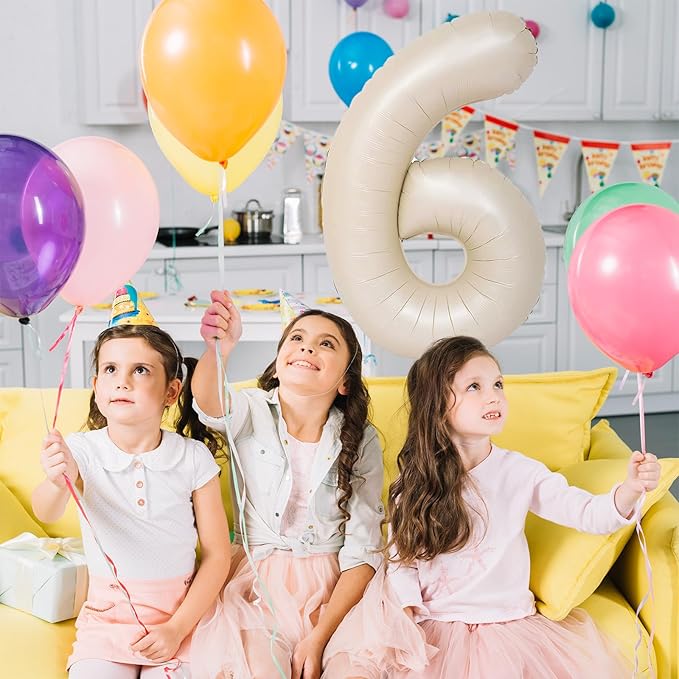 Cream Number Balloons 6, 40inch Large Beige Digital 6 Foil Helium Balloon for Girls Boys, Beige White Self Inflating Number Balloons 0-9 for Men Women Birthday Party Anniversary Decorations