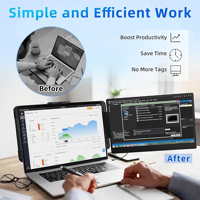 BKVOO Laptop Screen Extender Travel Monitor - 14" Dual Portable Monitor IPS FHD 1080P Travel Work Extra Screen Plug and Paly USB-C HDMI Port Compatible with Wins Mac Chrome Dex Fits 13-17" Laptops