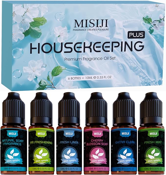 MISIJI Housekeeping Essential Oils Set for Diffuser,Pure Aromatherapy Oil for Diffuser,Candle Making,Natural Soap Scent,Cherry Blossom Soap,Fresh Mint,Fresh Linen,Air Freshener,Extra Clean