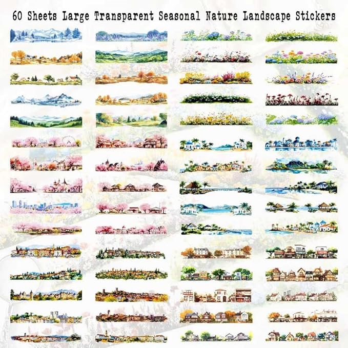Dwpetzo Transparent PET Stickers for Journaling Scrapbooking, 60 Sheets Large Seasonal Landscape House Mountain Forest Wildflower Stickers Set for Junk Journal, Collage, Crafts Arts