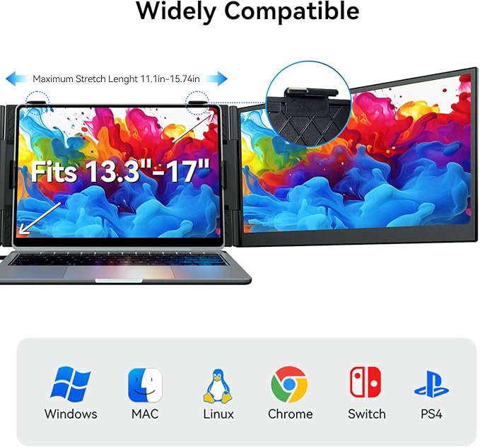 Larksmile Triple Screen Laptop Monitor Extender, One Cable Setup 14-inch IPS Triple Monitor, FHD 1080P Extra Multi-Screen Attachment, Portable Travel External Display for Laptop Mac Windows