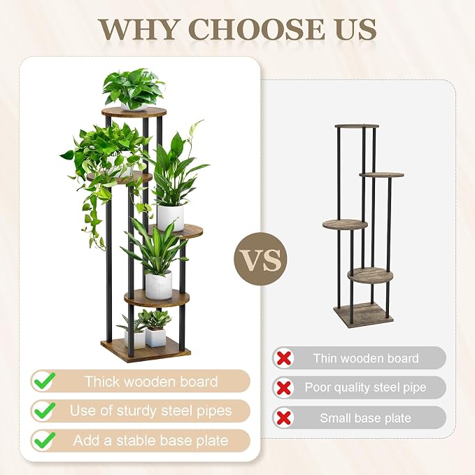 5 Tier Plant Stand Indoor, Metal Wooden Tall Plant Shelf Flower Pot Stand for Multiple Plants, Corner Flower Holder Plant Display Rack for Living Room Balcony Patio Garden (Rustic Brown)