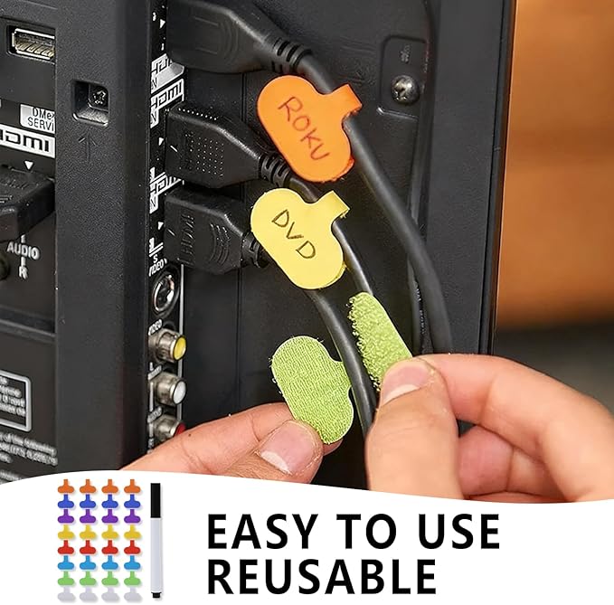 32 Pcs Cord Labels for Electronics with Pen, Write-On Cable Labels Tags with Self-Adhesive Hook and Loop, Multi-Color Wire Markers for Computer Cable Management and Identification 8 Colors