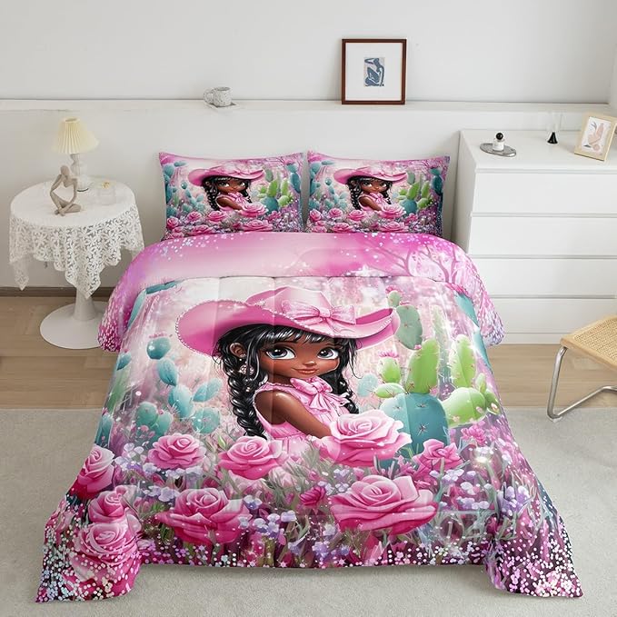 Pink Cowgirl Comforter Set Twin Size,Reversible Southwest African Style Black Bedding Set for Kids Boys Men,Western Floral Desert Cactus Sparkling Quilted Duvet Set with 1 Pillowcase