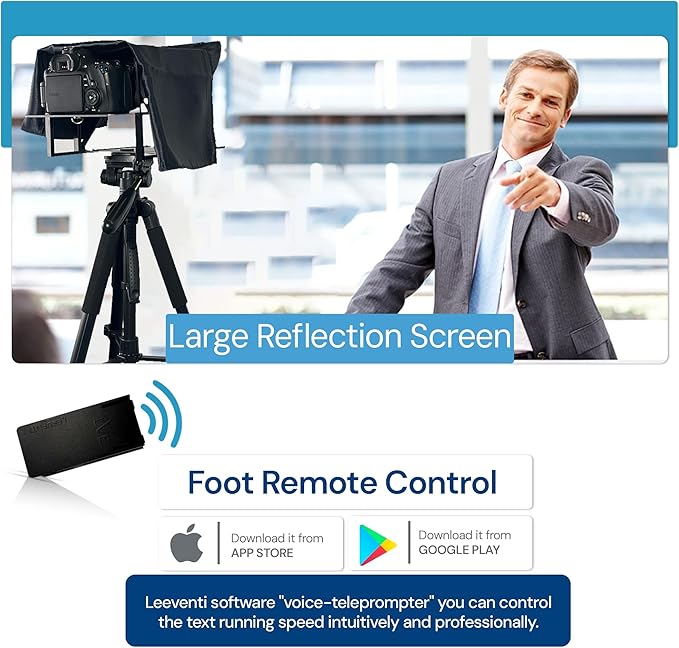 Teleprompter 5.0 12" Compatible with iPad, Tablet, Smartphone and DSLR Camera, Remote or App Control, Compatible with Android and iOS, Ideal for Video Recording, Aluminum Alloy