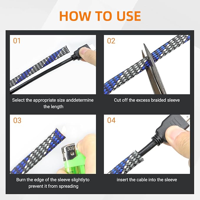 Braided Expandable Cable Sleeve, 25ft PP Cotton and PET Braided Cable Management, Flexible Mesh Wire Loom and Cable Protector for TV, Computer, Home Theater, Automotive (Blue White Grey, 1/2")