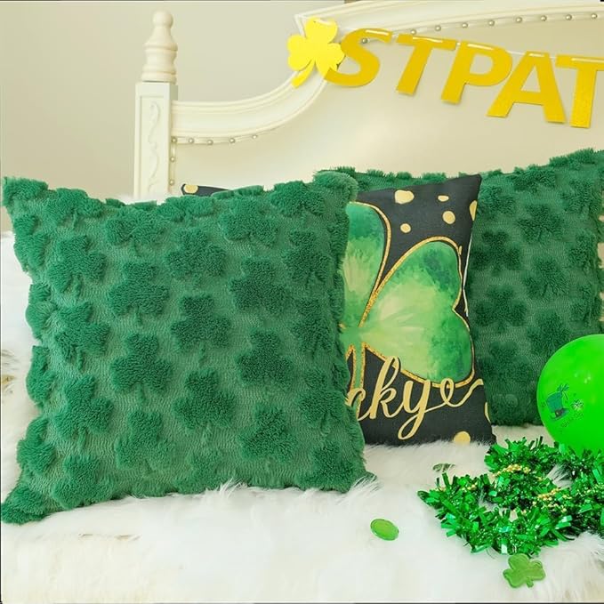 GEEORY St. Patrick's Day Soft Plush Green Shamrock Pillow Covers 18 x 18 Inch Set of 2, Lucky Clover Faux Fur Wool Farmhouse Throw Pillowcases for Home Sofa Couch Cushion Decoration GC012-18