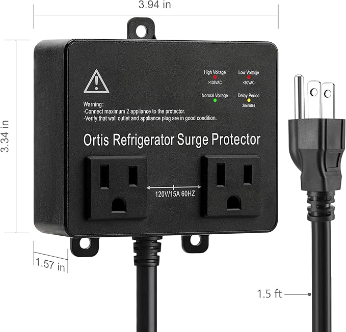Refrigerator Surge Protector, Ortis Double Outlet Voltage Protector for Home Appliances TV Washer with Time Delay, Protects Against Brownout, Spike, Instant Surge All Voltage Abnormalities