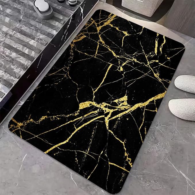 Diatomaceous Earth Bath Mat,Black Gold Marble Non-Slip Volume Super Absorbent Fast Drying for Bathroom Kitchen Door mat,Eco-Friendly Easy to Clean 20×31Inch(50 * 80cm)