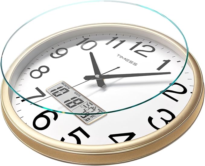 TIMESS Wall Clock, 13 Inch Non-Ticking Silent Battery Operated Quartz Analog with LCD Display for Perpetual Calendar and F° Temperature, Ideal Modern Home, Bedroom, Kitchen, Office Decor (Gold)