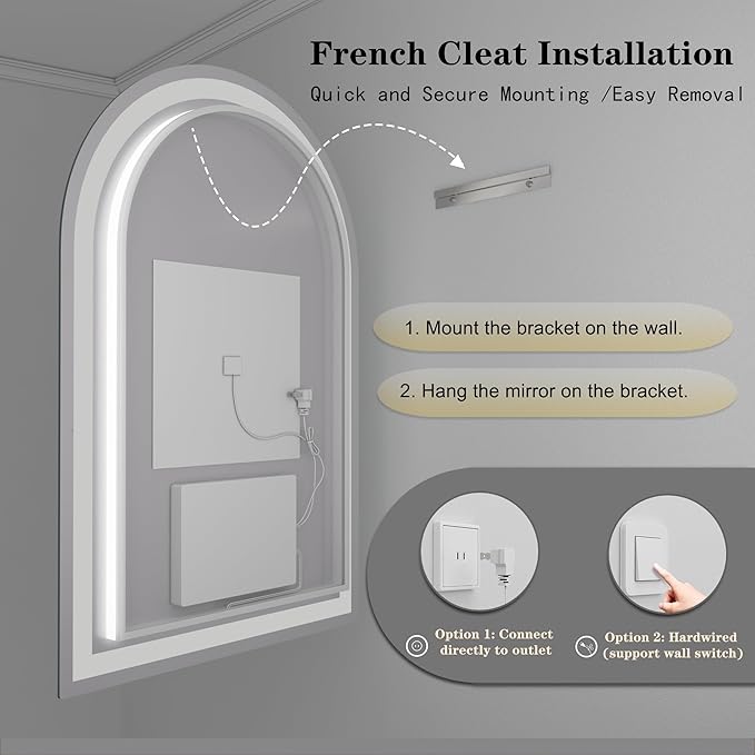 28x40 Inch Arched LED Mirror for Bathroom, Dimmable Backlit and Frontlit Mirror, Arched Lighted Vanity Mirror, Shatter-Proof, Anti-Fog, 3 Colors, Memory, ETL Listed